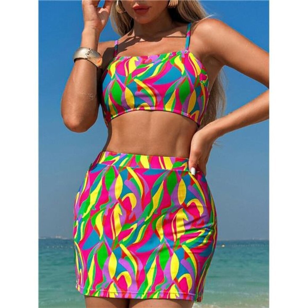 Multicolour Abstract Print Textured Spaghetti Strap High Waist Bikini Set